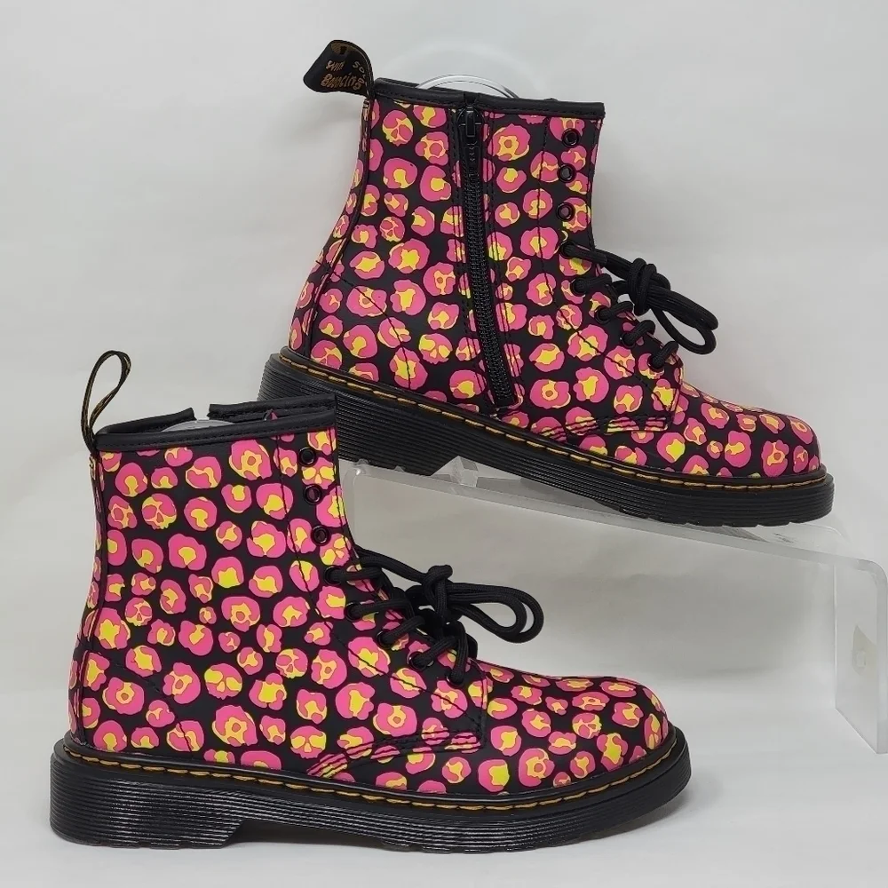 Dr Martens 1460 Pink Leopard Girls Hydro Leather Boots Youth Size 3 New